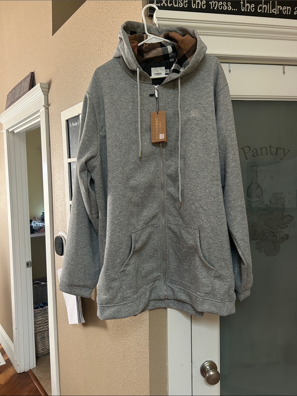 Men's Gray Full-Zip Hoodie with Plaid-Lined Hood